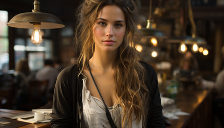 Beautiful young woman in casual clothing smiling at camera indoors generated by artificial intelligenceの素材