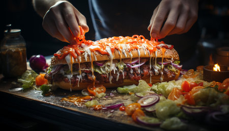 Grilled beef sandwich with fresh vegetables, homemade bun and guacamole generated by artificial intelligenceの素材