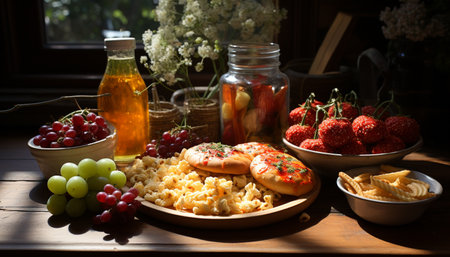 Rustic summer picnic Fresh fruit bowl, sweet berry variation, homemade bread generated by artificial intelligenceの素材