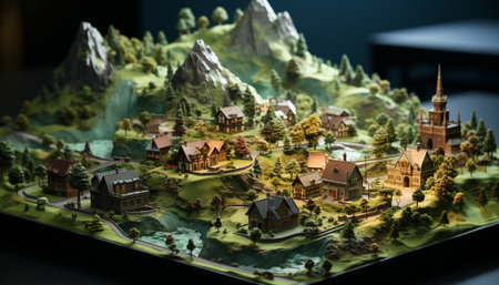 Mountain landscape with old building exterior and tree decoration generated by artificial intelligenceの素材