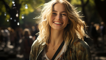 Beautiful young woman with long blond hair smiling at camera generated by artificial intelligenceの素材