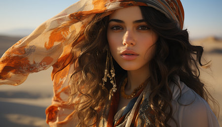 Beautiful young woman exudes elegance and sensuality in nature sunset generated by artificial intelligenceの素材