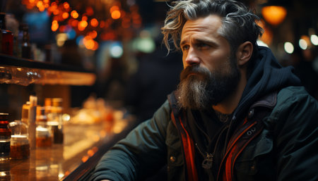 Confident mature man enjoying a drink at illuminated city bar generated by artificial intelligenceの素材