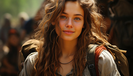 Smiling young woman with brown hair enjoys leisure activity hiking generated by artificial intelligenceの素材