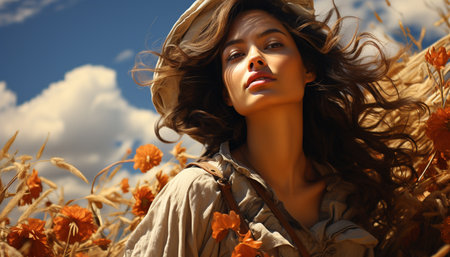 Smiling young woman enjoys carefree leisure in autumn nature generated by artificial intelligenceの素材