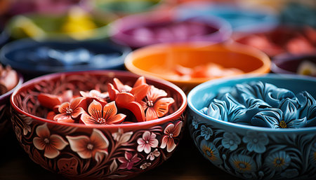 Vibrant floral pattern adorns earthenware bowl in East Asian still life generated by artificial intelligenceの素材