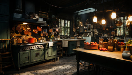 Modern rustic kitchen workshop with fresh food and drink variations generated by artificial intelligenceの素材