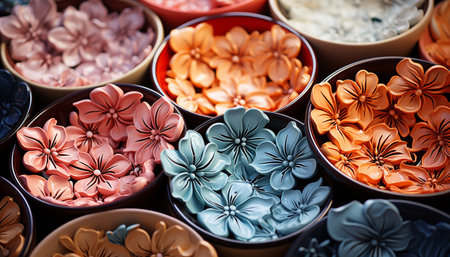 Ornate floral arrangement in pottery container, showcasing nature beauty generated by artificial intelligenceの素材