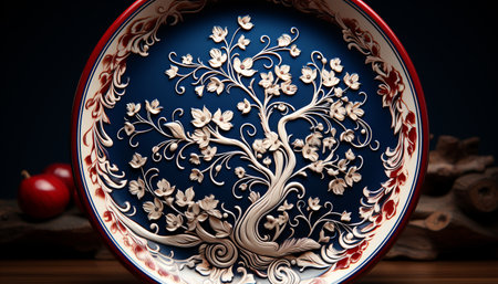 Ornate floral pattern on antique pottery plate exudes elegance and luxury generated by artificial intelligenceの素材