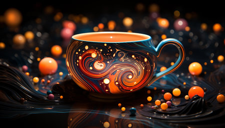 Gourmet hot drink on wooden table, glowing backdrop, ornate pattern generated by artificial intelligenceの素材