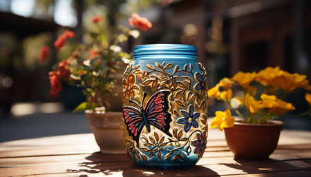 Earthenware flower pot on rustic wooden table brings summer freshness generated by artificial intelligenceの素材