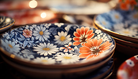 Vibrant colors adorn the ornate earthenware bowl, a cultural souvenir generated by artificial intelligenceの素材