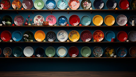 Vibrant colors adorn the ornate pottery in the large store generated by artificial intelligenceの素材