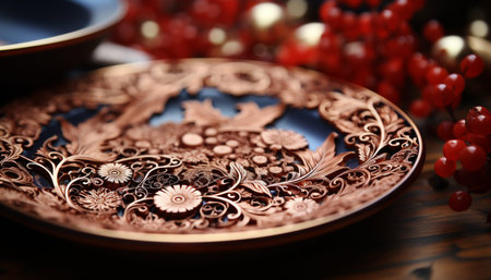 Ornate pottery bowl holds homemade dessert, surrounded by rustic elegance generated by artificial intelligenceの素材