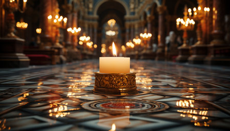 Catholic chapel illuminated by candlelight, a tranquil scene for meditating generated by artificial intelligenceの素材