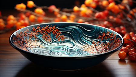 Vibrant colors and organic shapes adorn the healthy gourmet meal generated by artificial intelligenceの素材