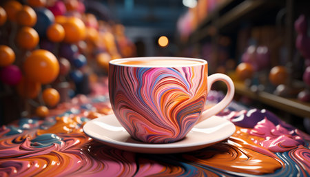 Hot frothy cappuccino in elegant ceramic mug on wooden table generated by artificial intelligenceの素材