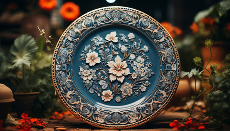 Antique pottery vase with ornate floral pattern, a cultural souvenir generated by artificial intelligenceの素材