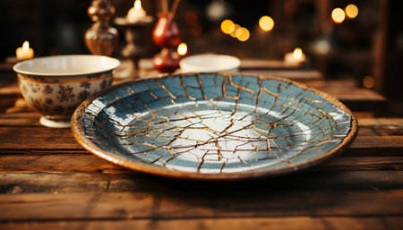 Antique pottery bowl on rustic wooden table illuminated by candlelight generated by artificial intelligenceの素材