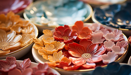 Indoors, a gourmet collection of crockery and ceramics adorn the table, showcasing variation in pattern and color with ornate flower arrangements generated by artificial intelligenceの素材