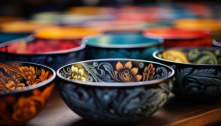 Vibrant colors adorn earthenware bowl, a craft souvenir collection generated by artificial intelligenceの素材