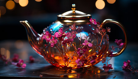 An ornate teapot on a wooden table, filled with hot tea generated by artificial intelligenceの素材