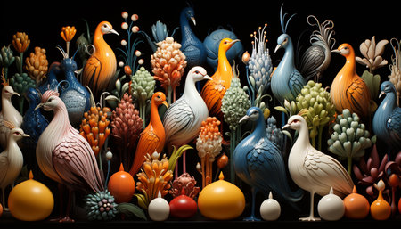 A cute autumn tree with colorful leaves and flying birds generated by artificial intelligenceの素材