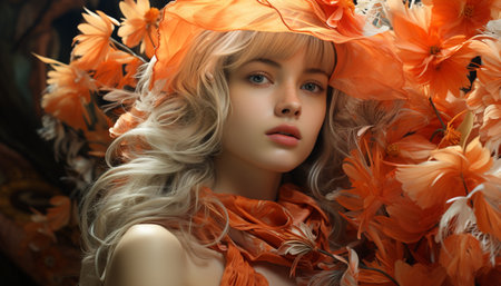 Caucasian beauty, blond hair, cute fashion model, adult nature portrait generated by artificial intelligenceの素材