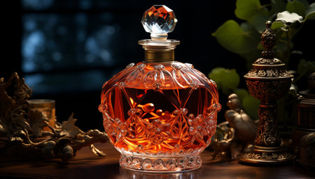 Elegant antique glass vase holds old fashioned whiskey, a luxurious celebration generated by artificial intelligenceの素材