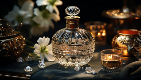 Elegant antique table holds ornate candle, glass, and bottle generated by artificial intelligenceの素材