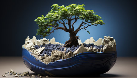 The small flame illuminates the wet tree trunk in the night generated by artificial intelligenceの素材