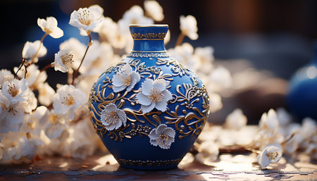 Ancient cultures celebrate elegance with ornate pottery and floral patterns generated by artificial intelligenceの素材