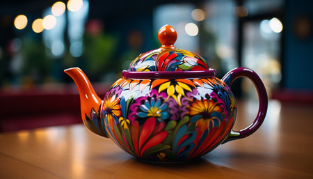 Hot drink in an elegant teapot, a cultural kitchen ornament generated by artificial intelligenceの素材