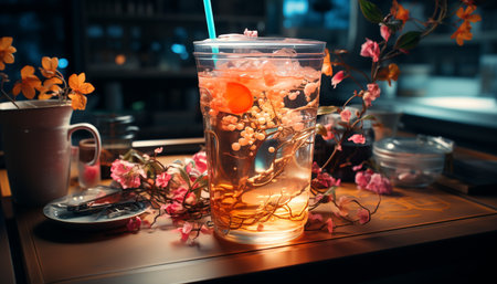 Refreshing cocktail on a rustic table, illuminated by nature warmth generated by artificial intelligenceの素材