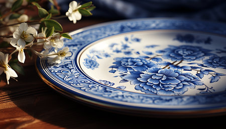 Flower pattern decoration on antique pottery plate, old fashioned floral crockery generated by artificial intelligenceの素材