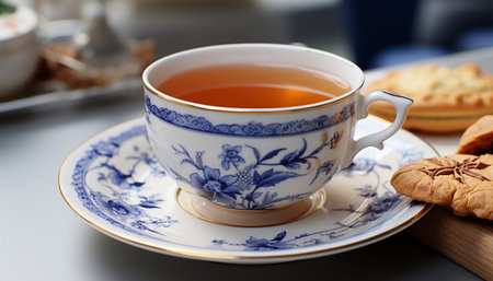 Hot drink on table, coffee cup, tea cup, freshness, saucer generated by artificial intelligenceの素材