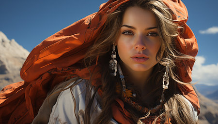 Smiling woman, beauty in nature, looking at camera, adventure generated by artificial intelligenceの素材