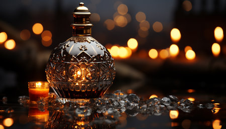 Glowing candlelight illuminates the dark table, reflecting in glass generated by artificial intelligenceの素材