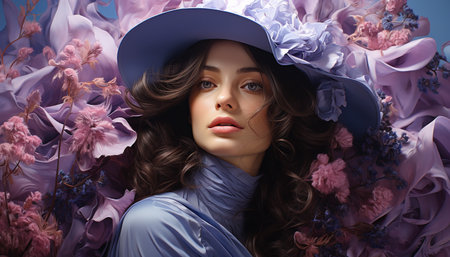 Beautiful woman in purple dress exudes elegance and sensuality generated by artificial intelligenceの素材