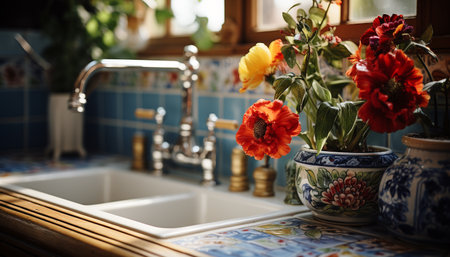 Indoors, home interior, flower, domestic room, vase, faucet, modern, domestic kitchen, domestic life, sink generated by artificial intelligenceの素材