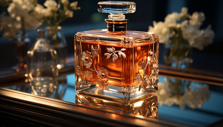 Luxury bottle on table, reflecting elegance, beauty, and glamor indoors generated by artificial intelligenceの素材