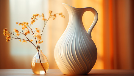 A rustic table with a vase of fresh flowers indoors generated by artificial intelligenceの素材