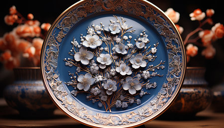 Antique pottery vase with ornate floral pattern, rustic elegance indoors generated by artificial intelligenceの素材