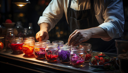 Unrecognizable person holding glass, pouring fresh cocktail at bar counter generated by artificial intelligenceの素材