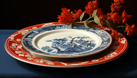 Floral pattern adorns elegant ceramics in traditional East Asian culture generated by artificial intelligenceの素材
