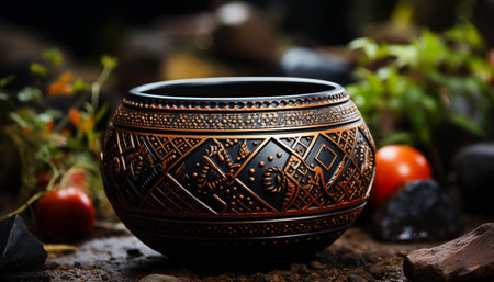 Rustic pottery jar holds fresh flowers, a gift from nature generated by artificial intelligenceの素材
