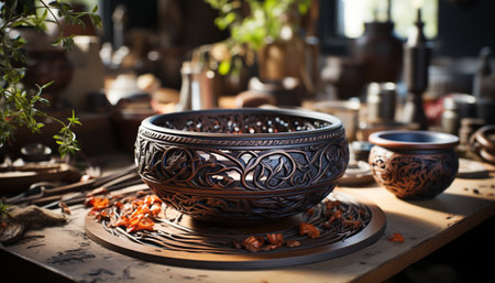 Indigenous cultures showcase pottery, ceramics, and earthenware in rustic kitchens generated by artificial intelligenceの素材