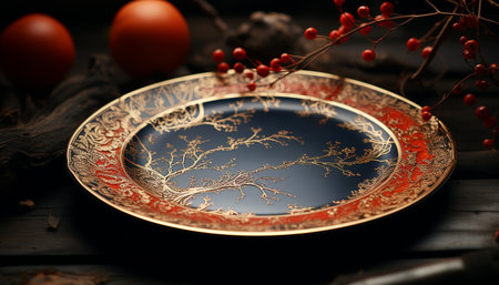 Rustic wood bowl holds ornate pottery, showcasing nature celebration generated by artificial intelligenceの素材