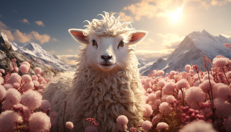 Cute lamb grazing on a snowy mountain farm, fluffy and adorable generated by artificial intelligenceの素材