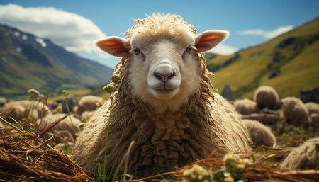Cute young lamb grazing on green meadow in rural landscape generated by artificial intelligenceの素材